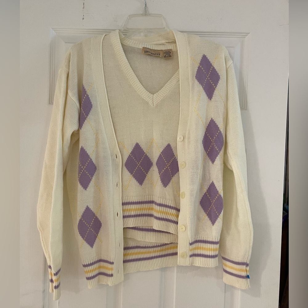 HABERDASHER vintage vest and cardigan sweater set in lavender/yellow argyle